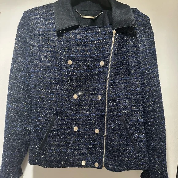 White House Black Market Blue Shimmer Tweed Moto Jacket 4 - Picture 3 of 13